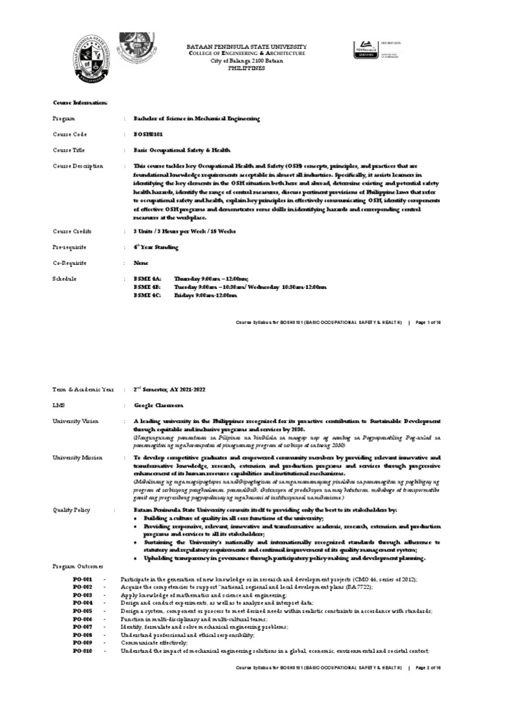 Bosh0101 Syllabus - Basic Occupational Safety & Health | PDF