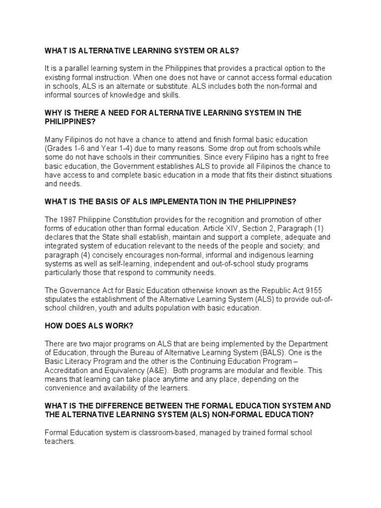 ALternative Learning System | PDF | Literacy | Learning