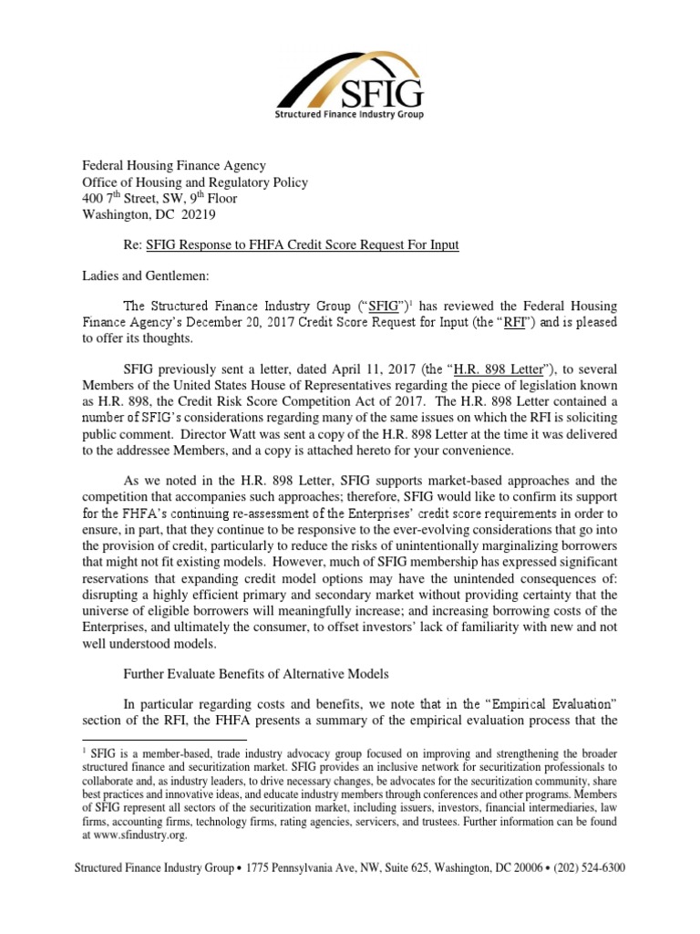 SFIG Response to FHFA Credit Score RFI | PDF | Business | Computers