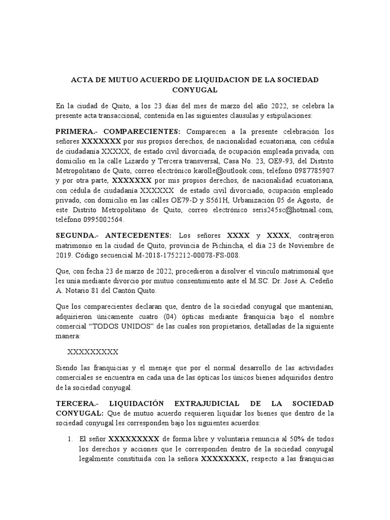 Acta de Mutuo Acuerdo de Liquidacion de La Sociedad Conyugal | PDF