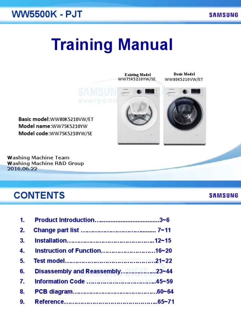 Training Manual: WW5500K - PJT | PDF | Washing Machine | Electrical ...