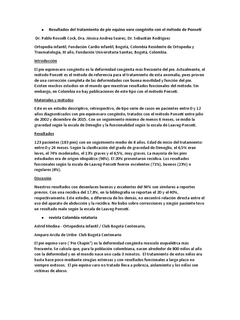 Resultados Del Tratamiento de Pie Equino Varo Congénito Con El Método de Ponseti PDF