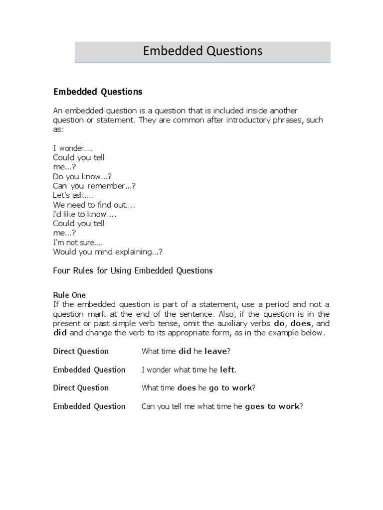 Embedded Questions PDF Question Verb