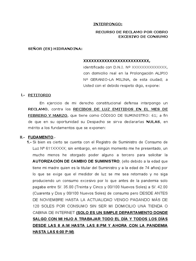 Recurso de Reclamo Por Cobro Excesivo de Consumo | PDF