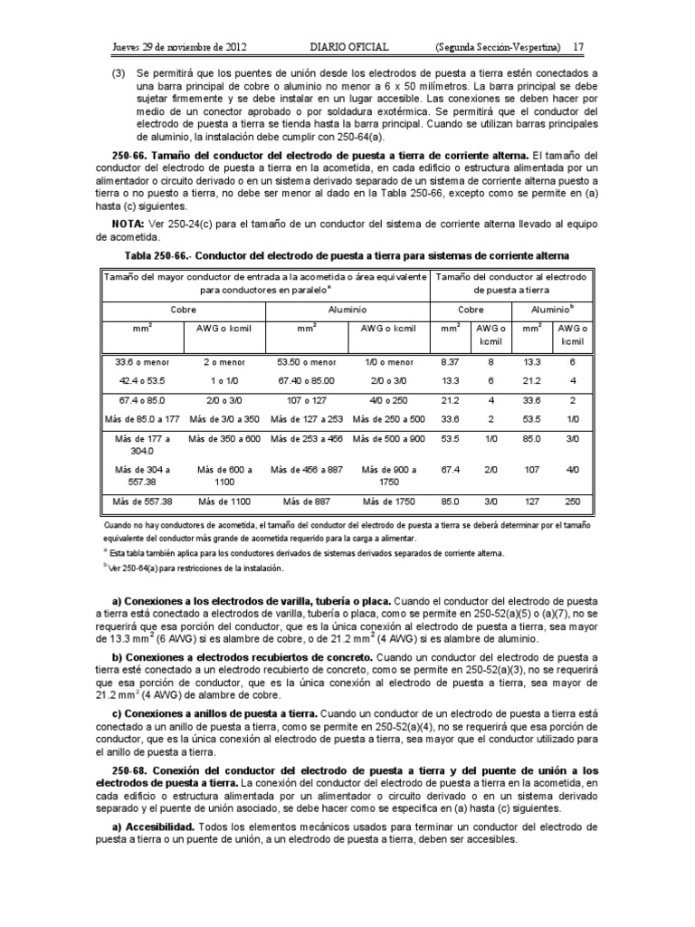 NOM001SEDE 2012 Tabla 25066 Tamaño Del Conductor Del Electrodo de