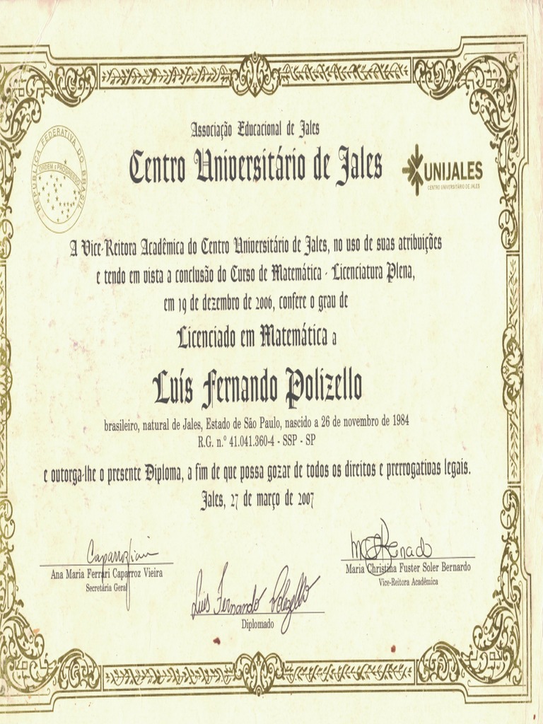 Diploma de Licenciatura Plena em Matemática Com Habilitação em Física | PDF