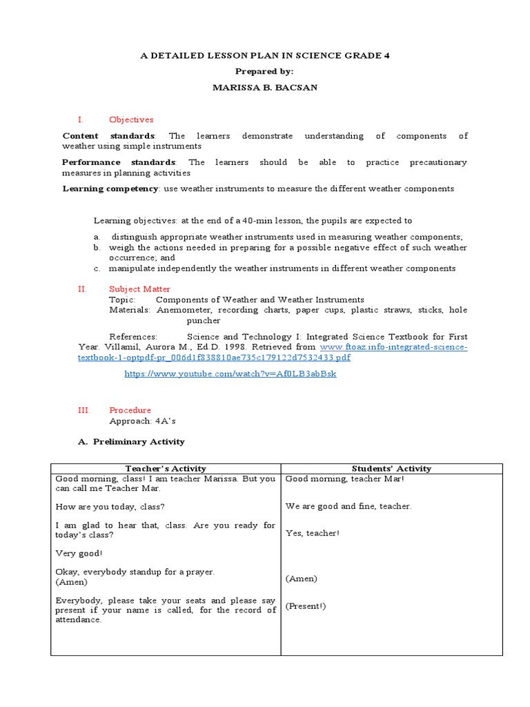 Weather Instruments Lesson Plan for Grade 4 | PDF | Language Arts ...