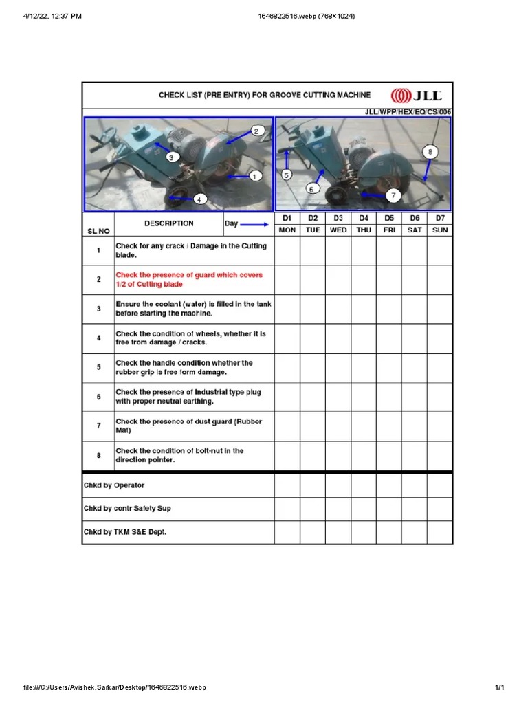 Checklist Groove Cutting Machine PDF