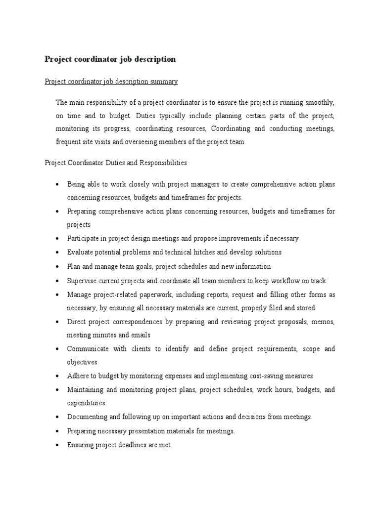 Project Coordinator Job Description PDF Budget Business