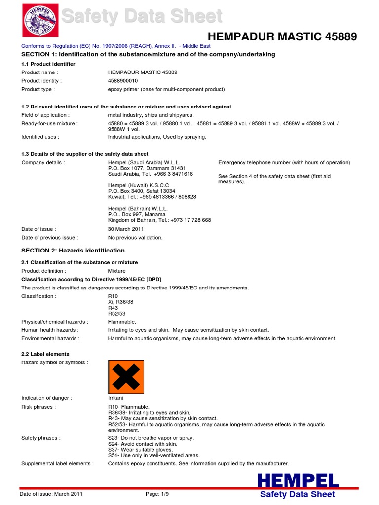 HEMPADUR MASTIC 45889 Safety Data Sheet PDF Personal Protective Equipment Firefighting