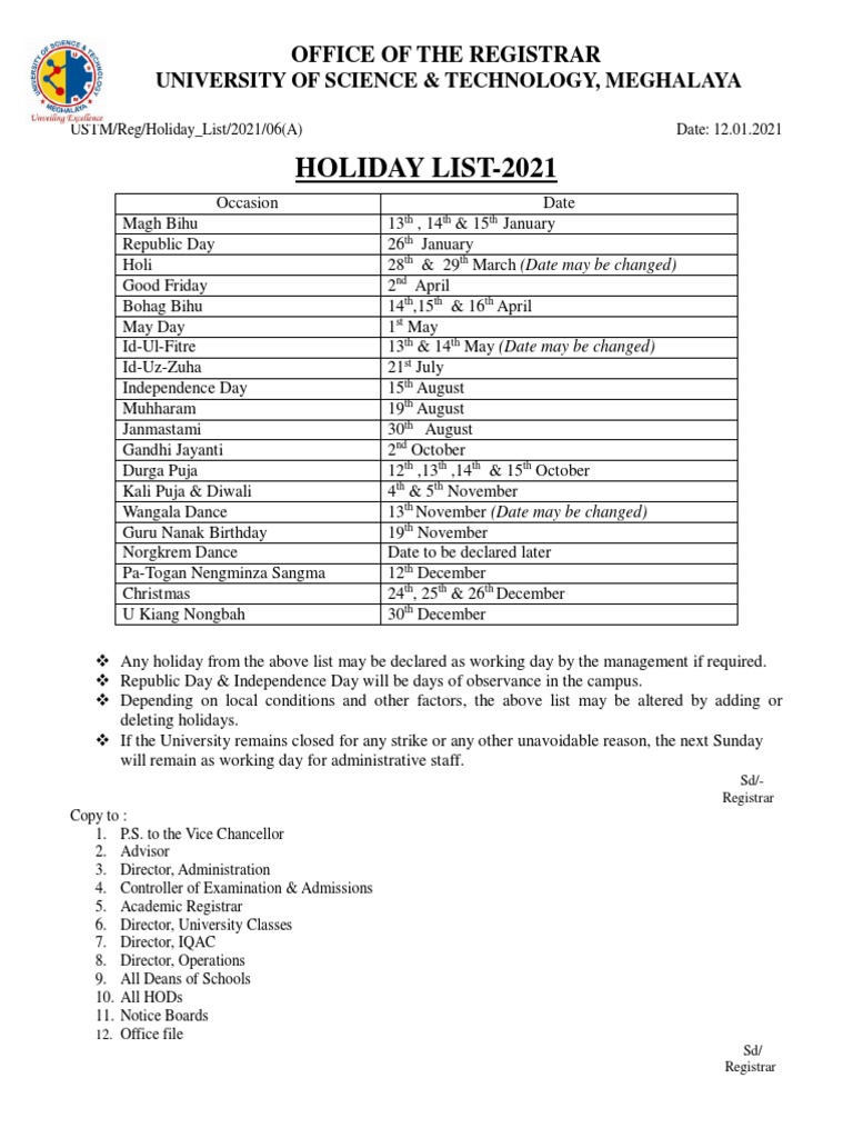 Holiday List2021 Office of The Registrar PDF Festival Public
