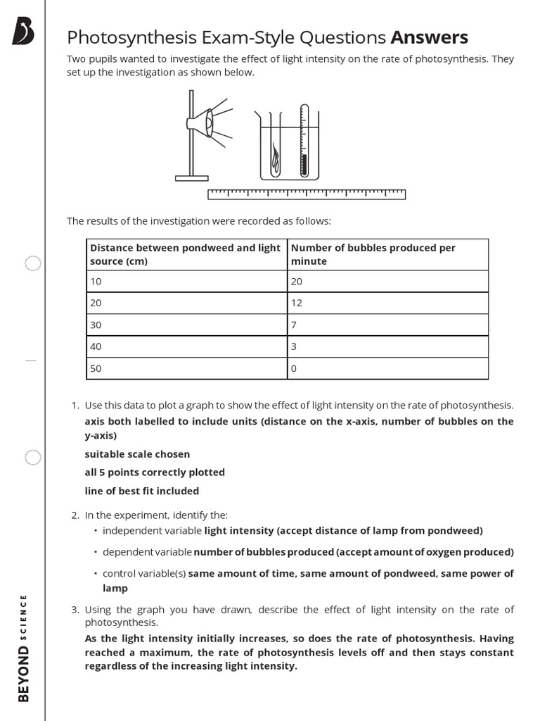 Photosynthesis exam style questions 2 answers pdf
