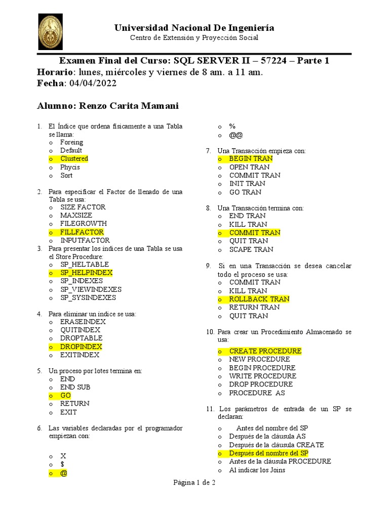 Examen Final SQL Server II - UNI | PDF | Gestión de datos ...