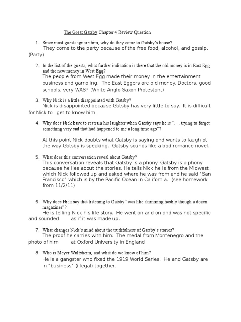 The Great Gatsby Chapter 4 Review Question Answers PDF The Great Gatsby