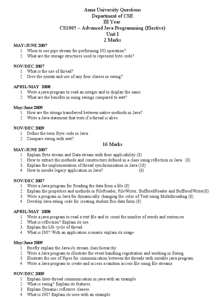 Anna University CSE Java Exam Questions | PDF | Network Socket | Java ...