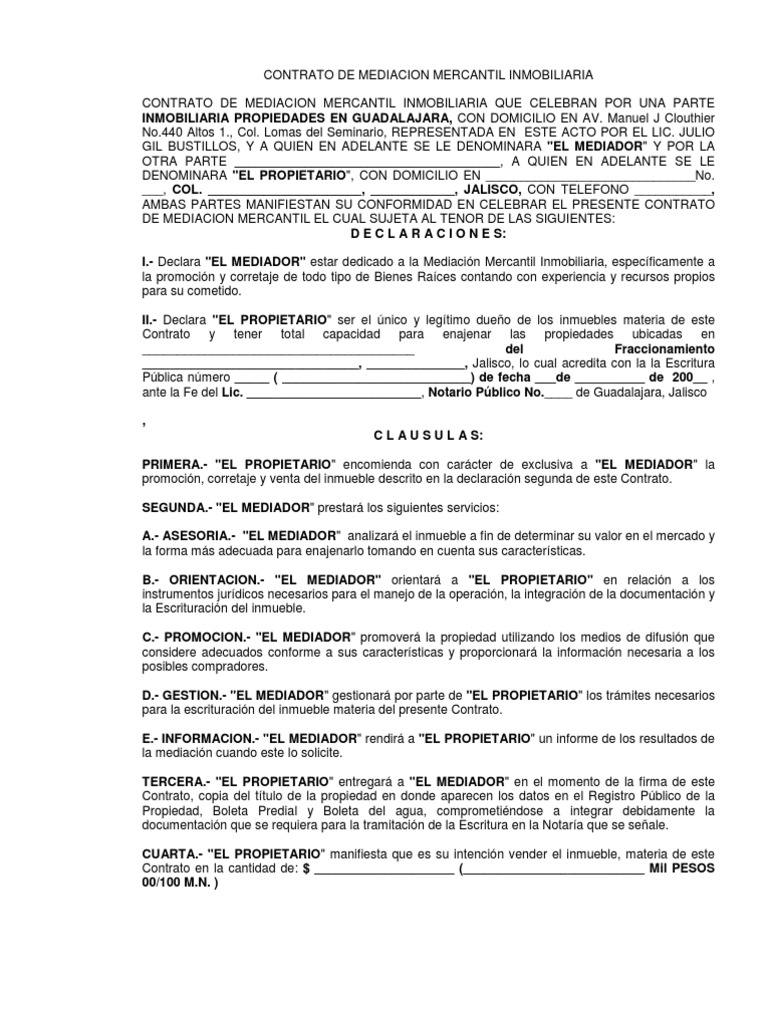 Contrato de Mediacion Mercantil Inmobiliaria Global