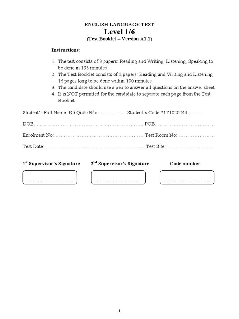A1 English Language Test Booklet | PDF | Telephone