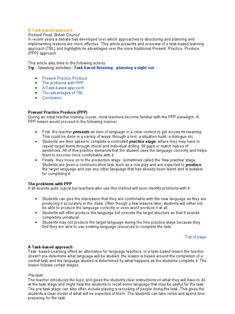 Task Based Language Learning Pdf Teachers Linguistics