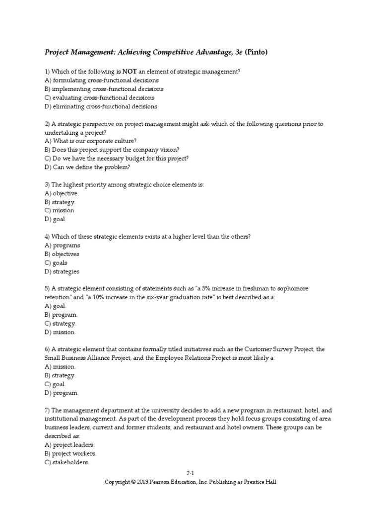Chapter 2 Review Quiz Revised | PDF | Project Management | Strategic ...