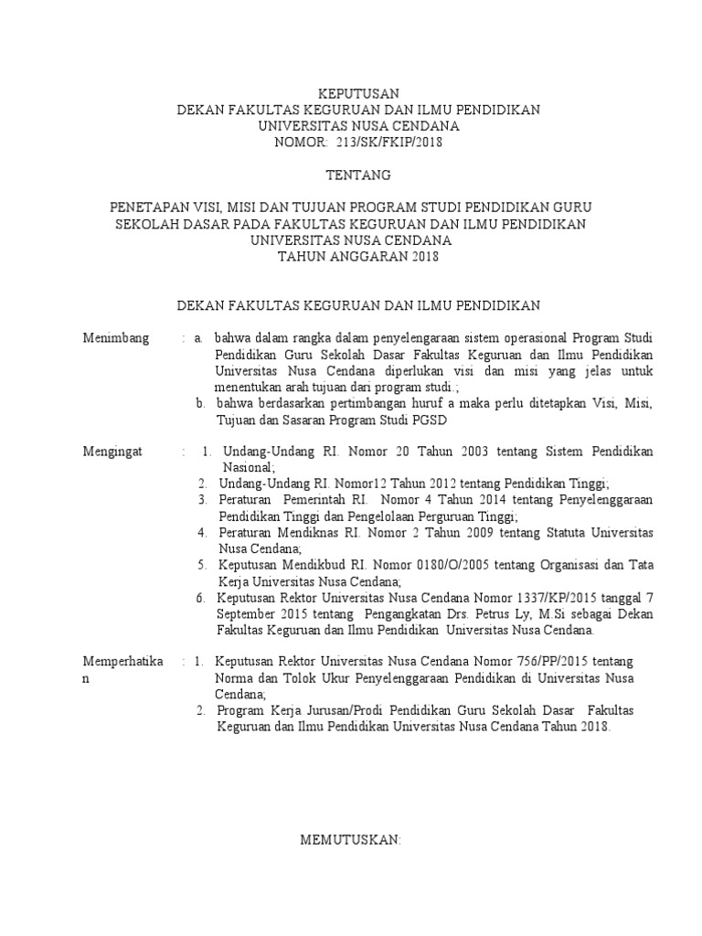 Keputusan Penetapan Visi, Misi, Dan Tujuan Prodi PGSD 2018 | PDF