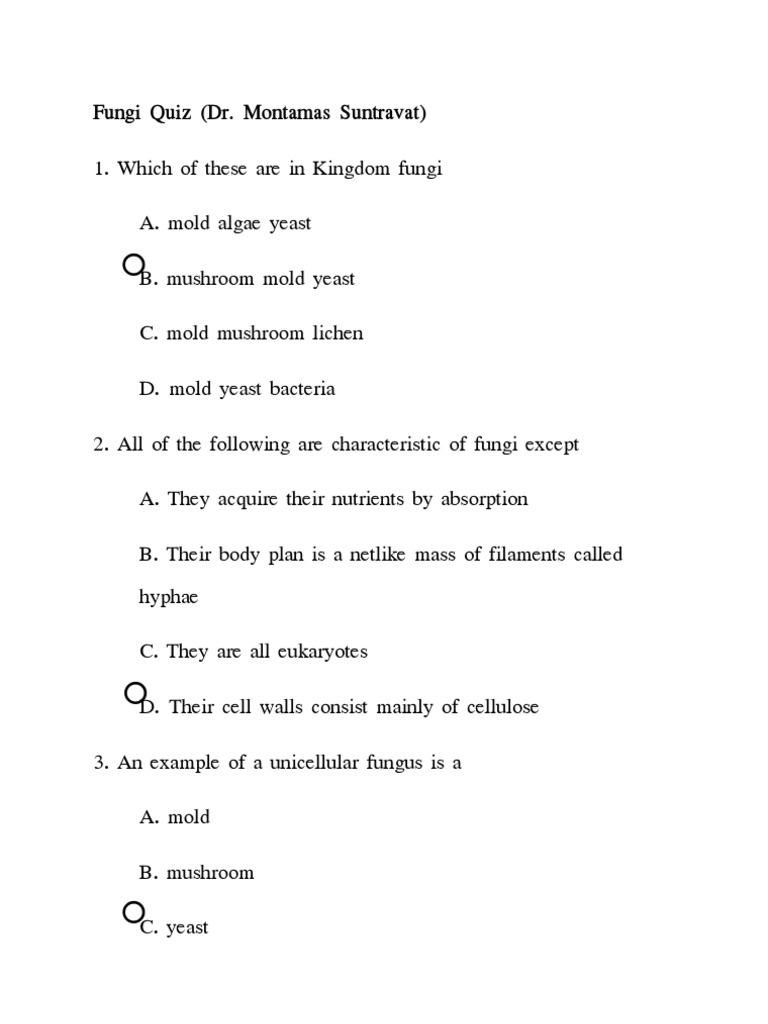 Quiz Fungi With Answer PDF Fungus Organisms