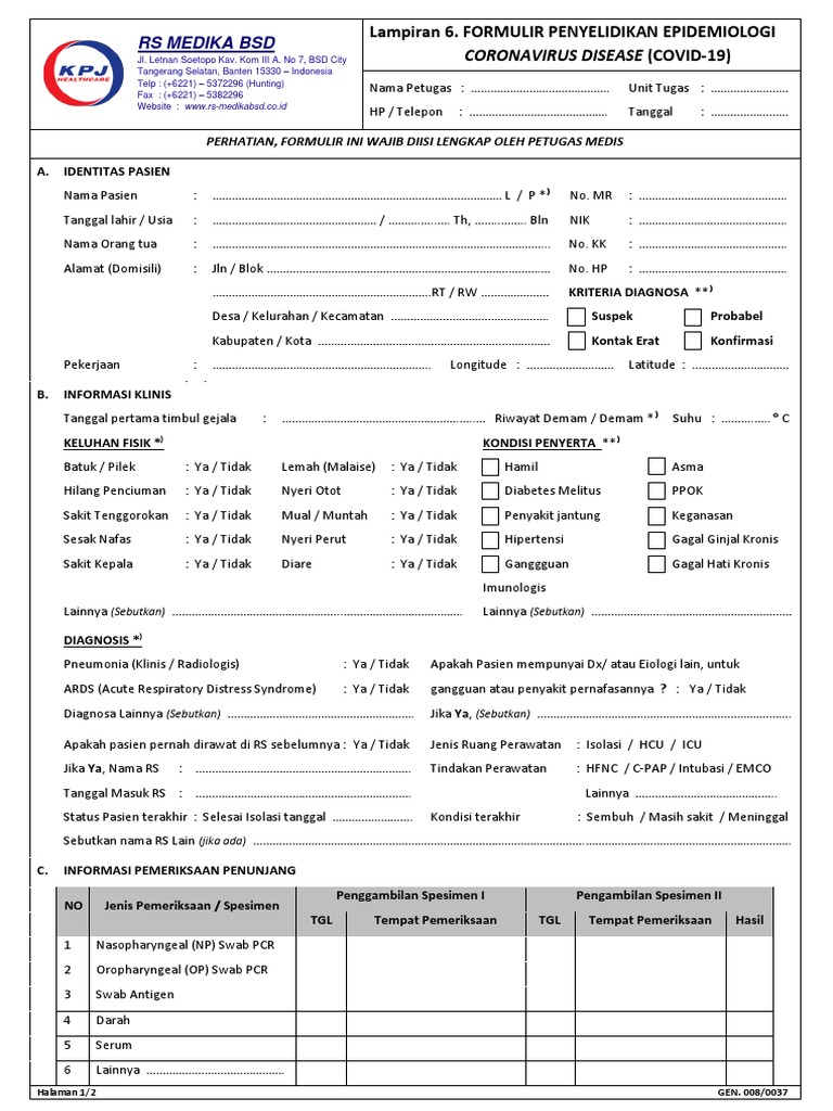 Gen.00 Form Penyelidikan Epid Covid-19 2022 | PDF