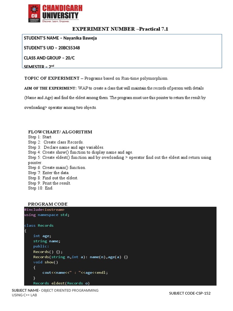 EXPERIMENT NUMBER - Practical 7.1: Aim of The Experiment | PDF | C++ ...