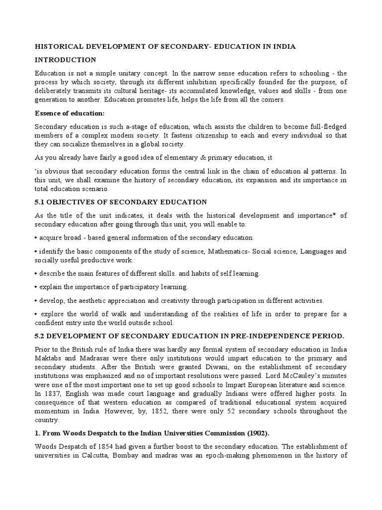 History of Secondary Education in India | PDF | Secondary Education ...