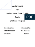 Assignment of Indian Penal Code (1860) Topic Criminal Trespass