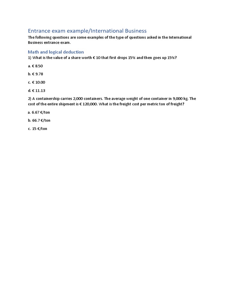 Entrance Exam Example IB 1 PDF