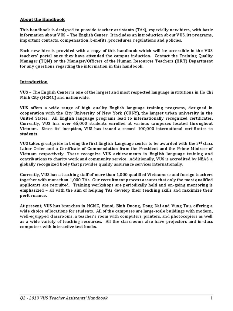 VUS Teacher Assistants Handbook Q2 2019 | PDF | Child Abuse | Teachers