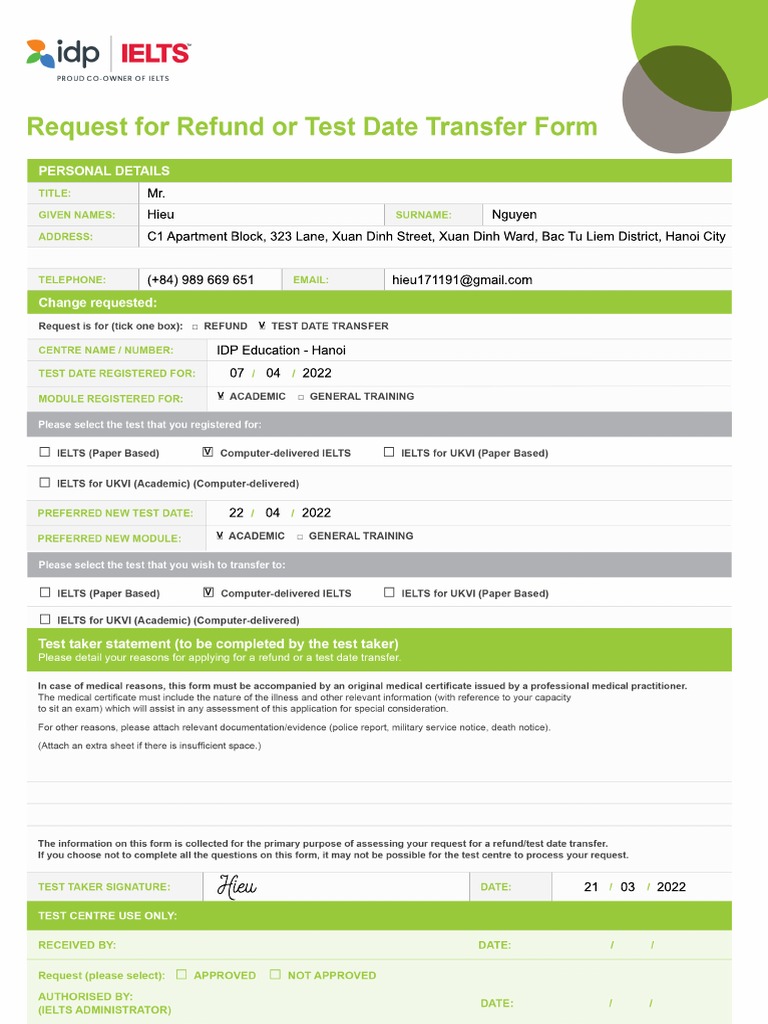 IELTS Request For Refund or Test Date Transfer Form PDF