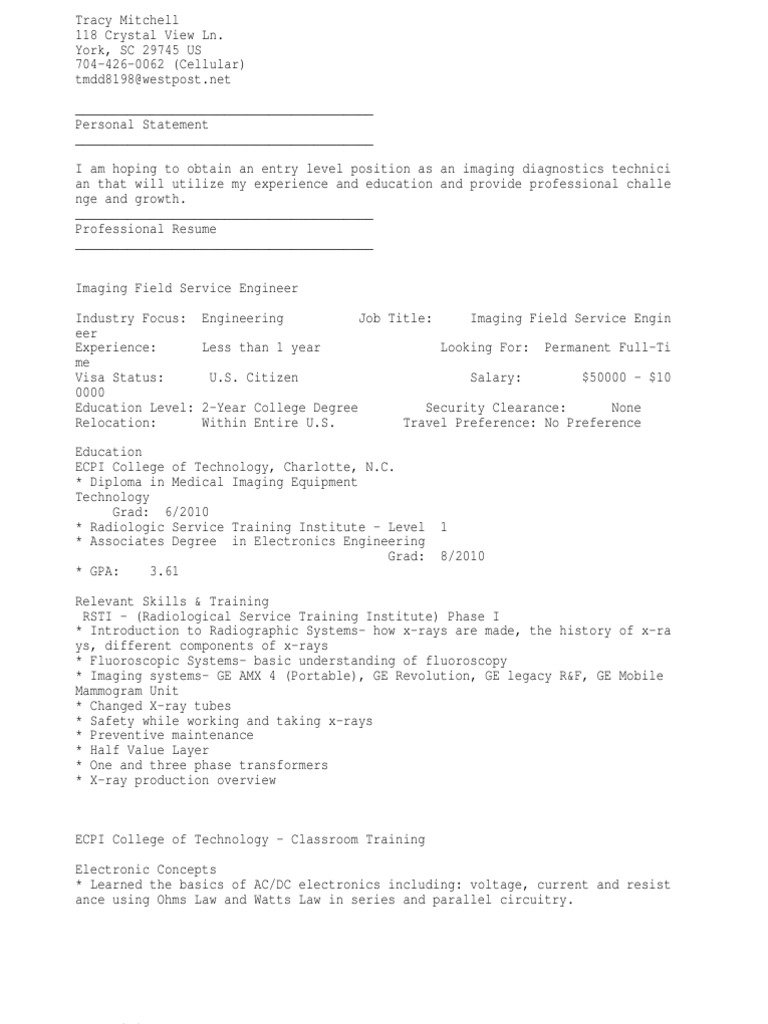 Medical Imaging Field Service Engineer PDF Power Supply Computer