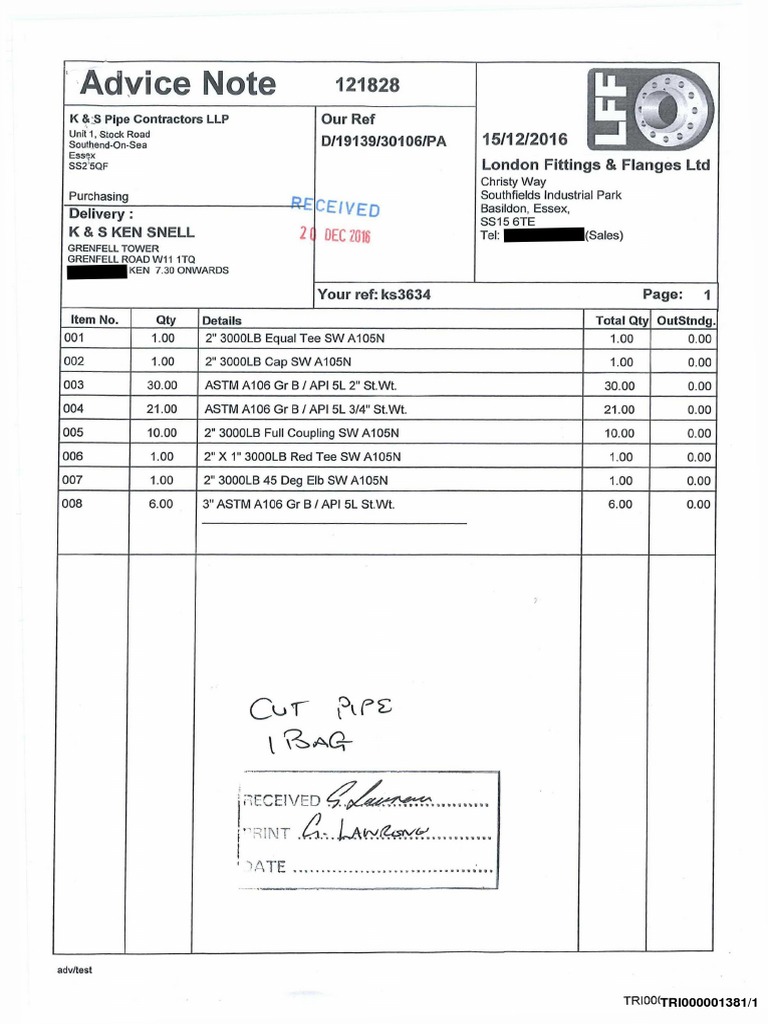 TRI000001381 Advice Note of Devlivery To K&S From London Fittings and Flanges With Test