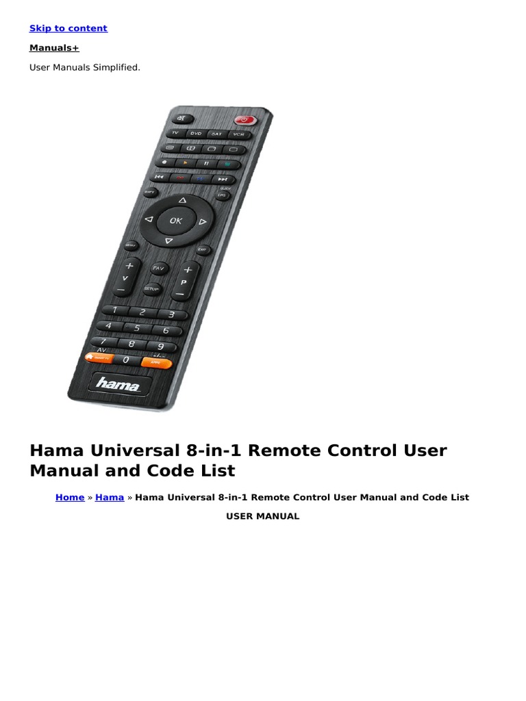 Hama Universal 8 in 1 Remote Control User Manual and Code List PDF