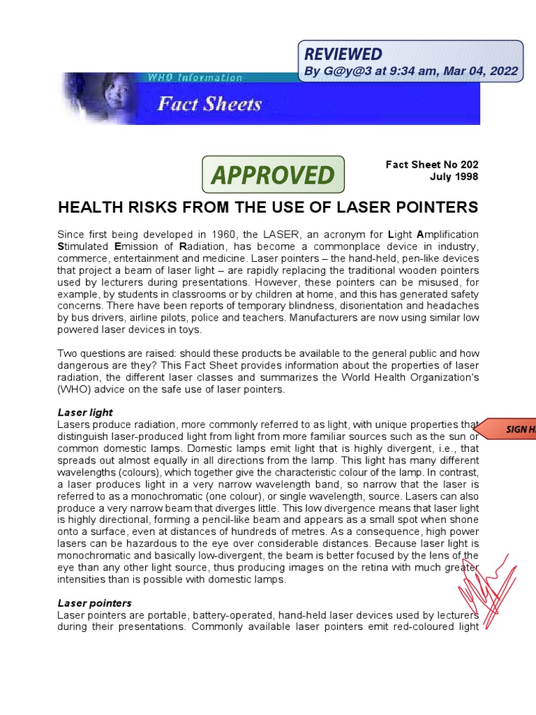 Health Risks From The Use of Laser Pointers Fact Sheet No 202 July 1998 PDF Laser