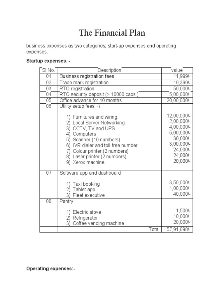 The Financial Plan Business Expenses As Two Categories StartUp