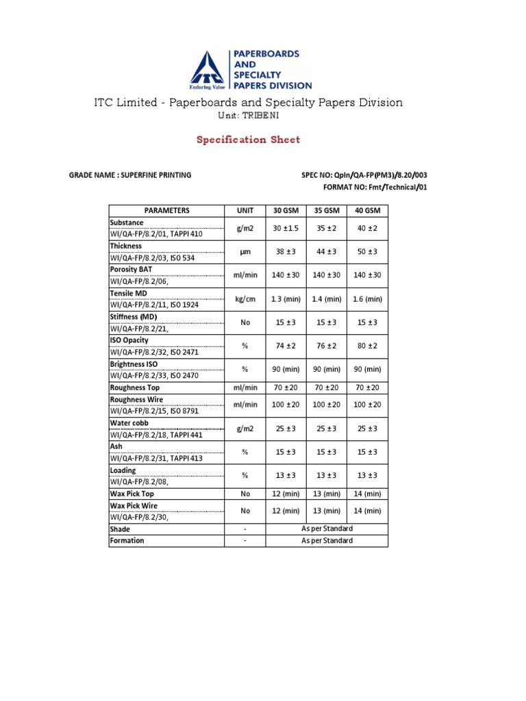 ITC Limited Paperboards and Specialty Papers Division Specification Sheet PDF Printing