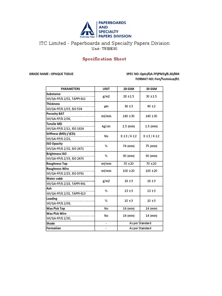 ITC Limited Paperboards and Specialty Papers Division Specification