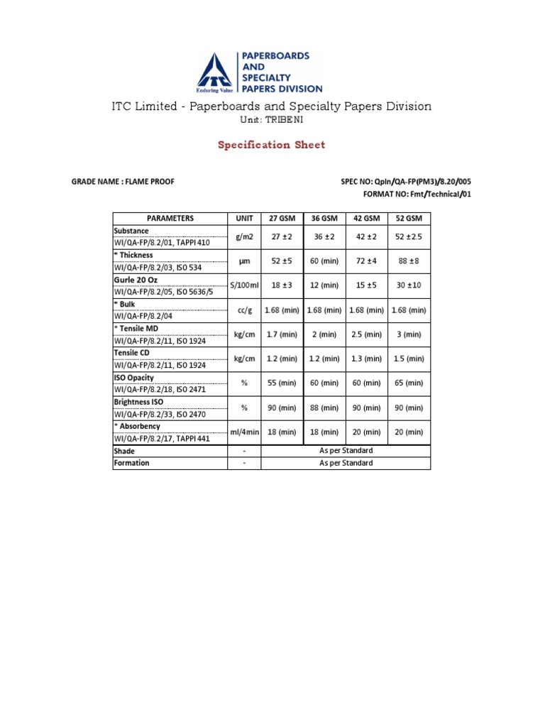 ITC Limited Paperboards and Specialty Papers Division Specification