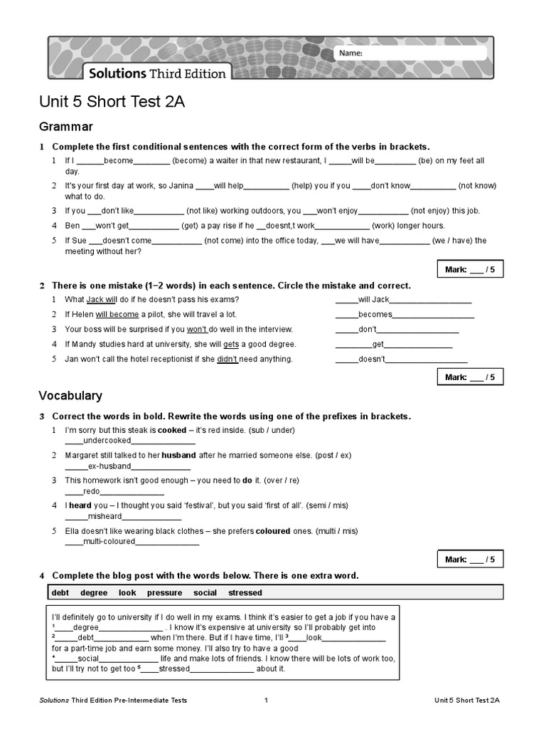 Unit 5 Short Test 2A: Grammar | PDF | Language Mechanics | Linguistic ...