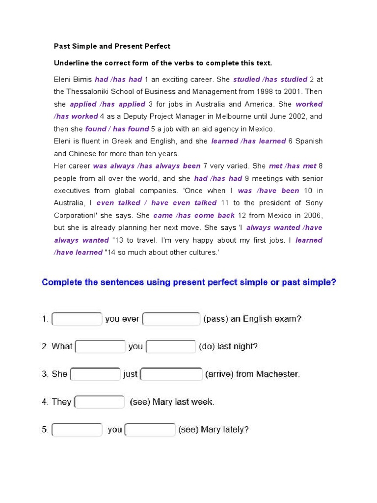 Past Simple vs Present Perfect Exercises | PDF | Language Arts ...