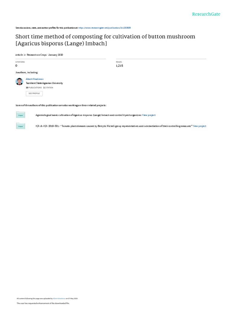 Short Time Method of Composting For Cultivation of Button Mushroom