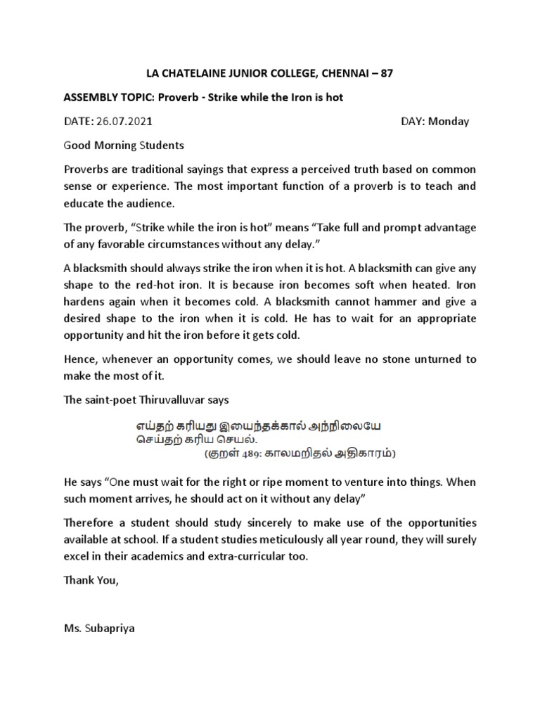 La Chatelaine Junior College, Chennai - 87 ASSEMBLY TOPIC: Proverb ...