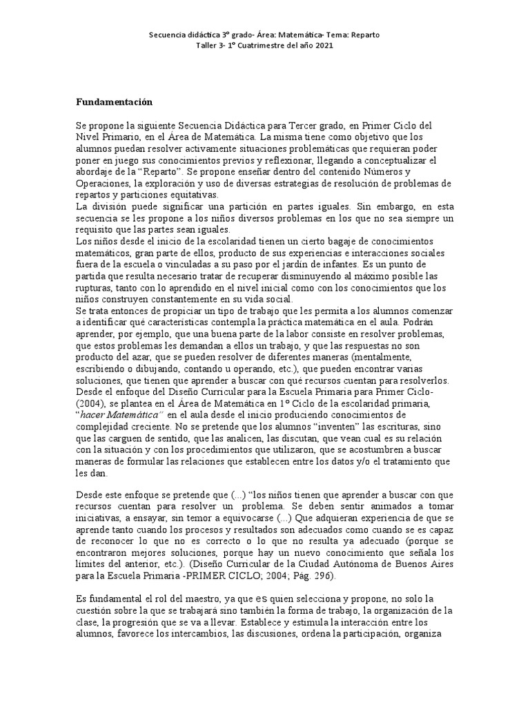 Secuencia 3er Grado REPARTO PDF División (Matemáticas) Educación