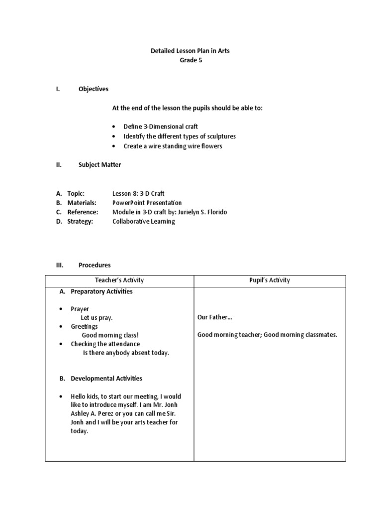 Detailed Lesson Plan in Arts 5 PDF Sculpture Lesson Plan