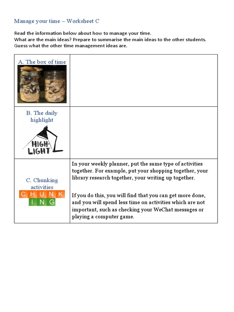 R&W Managing Your Time - Worksheet C - Chunking Time | PDF