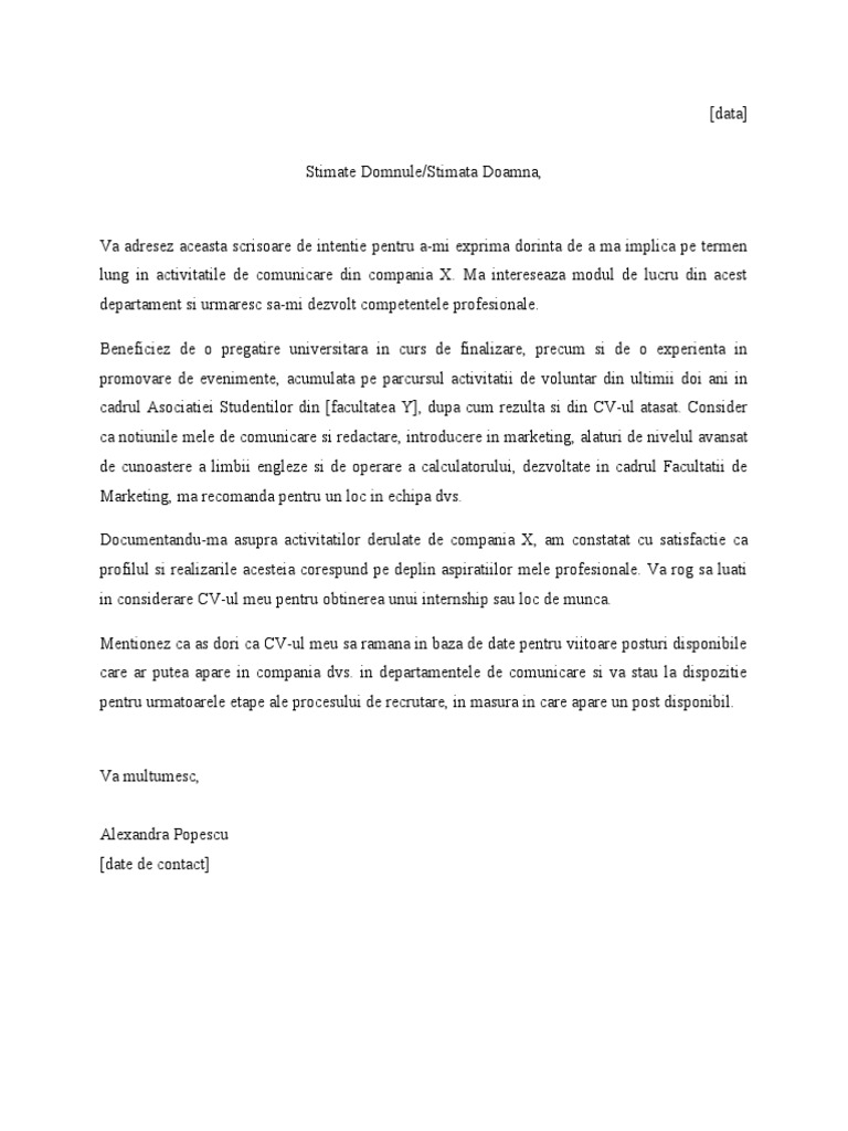 Model Scrisoare de Intentie Pentru Aplicatii Spontane