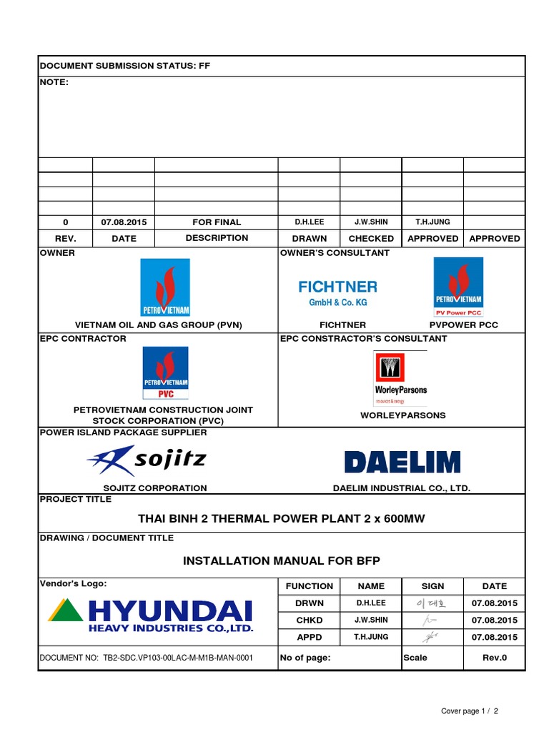 Installation and Safety Manual for Boiler Feedwater Pumps at the Thai