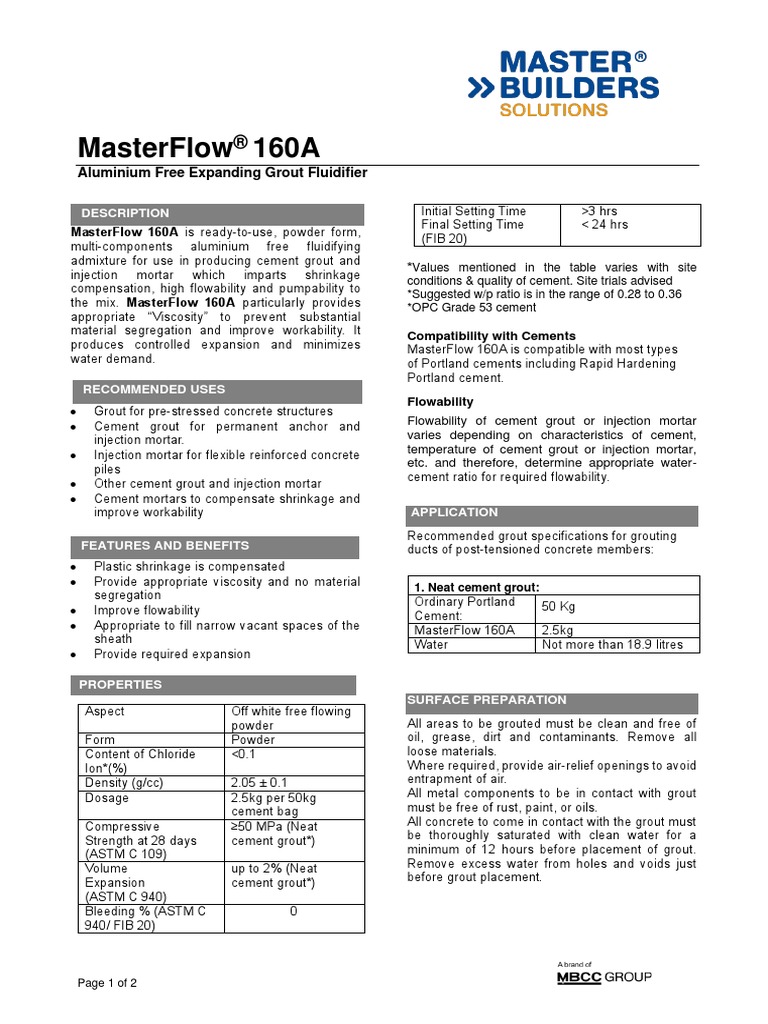 Masterflow 160A: Aluminium Free Expanding Grout Fluidifier | Download ...